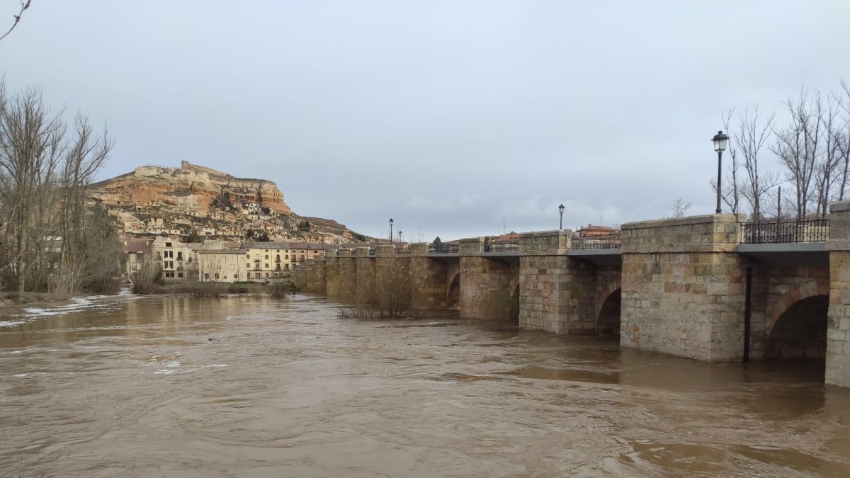 El Duero comenzaba a desbordarse levemente esta mañana en San Esteban de Gormaz. ANA HERNANDO