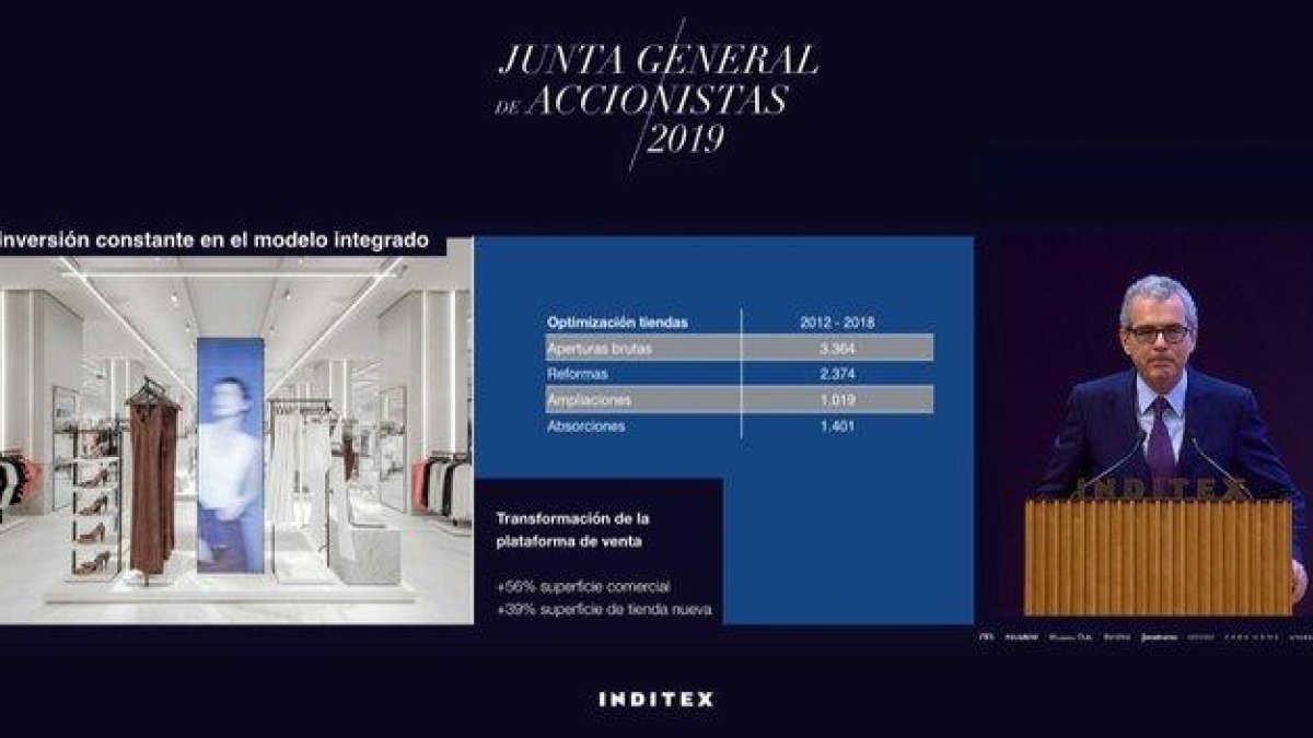 Pablo Isla explica la apertura de tiendas de Inditex en el pasado ejercicio durante la junta de accionistas.-
