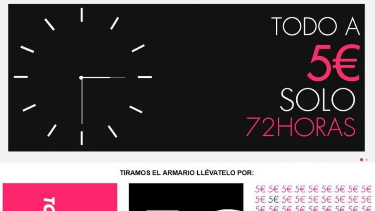 Captura de la página web de El Armario de la Tele, ofreciendo sus productos a 5 euros, durante 72 horas.-