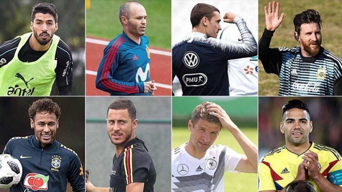 Luis Suárez, Iniesta, Griezmann, Messi, Neymar, Hazard, Müller y Falcao, estrellas de sus selecciones en el Mundial.-EL PERIÓDICO