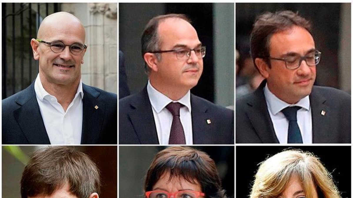 Jordi Turull, Josep Rull, Carles Mundó, Dolores Bassa y Meritxell Borrás, izquierda a derecha y de arriba a abajo, a quienes el juez del Tribunal Supremo Pablo Llarena ha decido dejar en libertad bajo fianza de 100.000 euros.-EFE