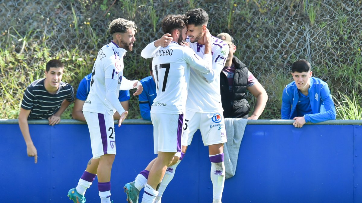 Los jugadores del Numancia celebran uno de los goles marcados en Urritxe al Amorebieta. ÁREA 11