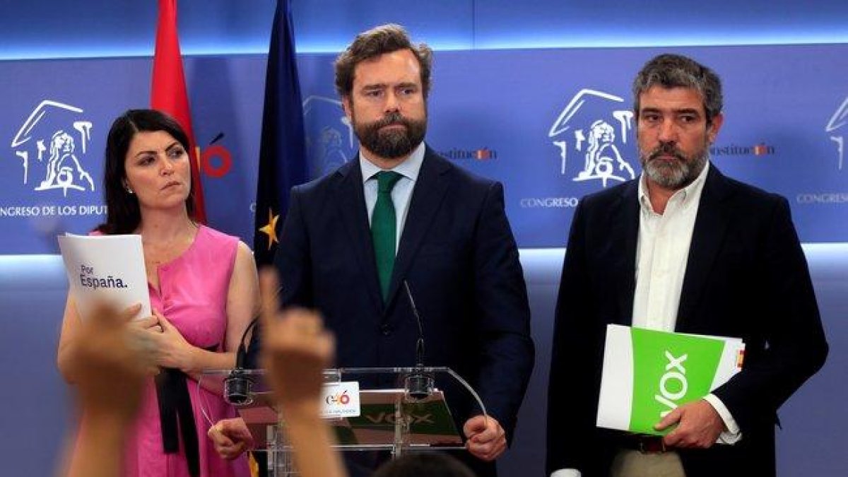 Ivan Espinosa de los Monteros, portavoz de Vox en el Congreso, con el resto de sus compañeros de partido.-FERNANDO ALVARADO (EFE)