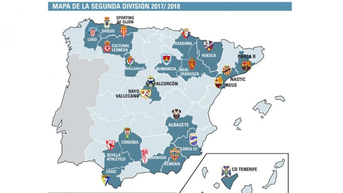 Este es el mapa de la Segunda División, con los rivales con los que se encontrará el Numancia en el curso 2017-2018.-