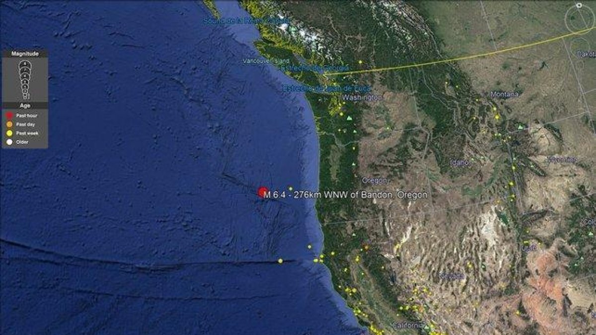Imagen del foco del seísmo y la costa americana-GOOGLE EARTH