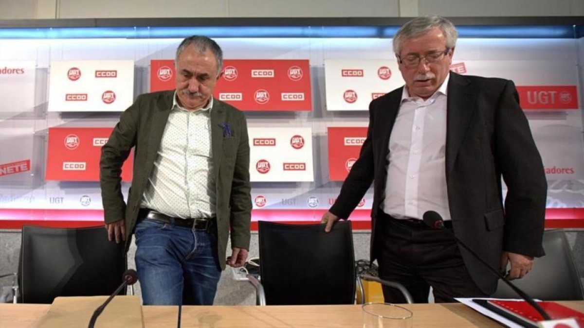Pepe Álvarez (izquierda) e Ignacio Fernádez Toxo (derecha), lideres de UGT y CCOO, respectivamente.-
