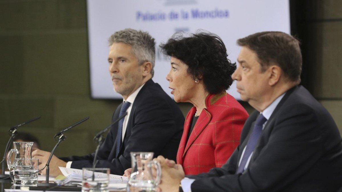 El ministro de Interior, Fernando Grande-Marlaska; la ministra de Educación y portavoz del Gobierno, Isabel Celaá; y el ministro de Agricultura, Luis Planas, durante la rueda de prensa del Consejo de Ministros.-EFE