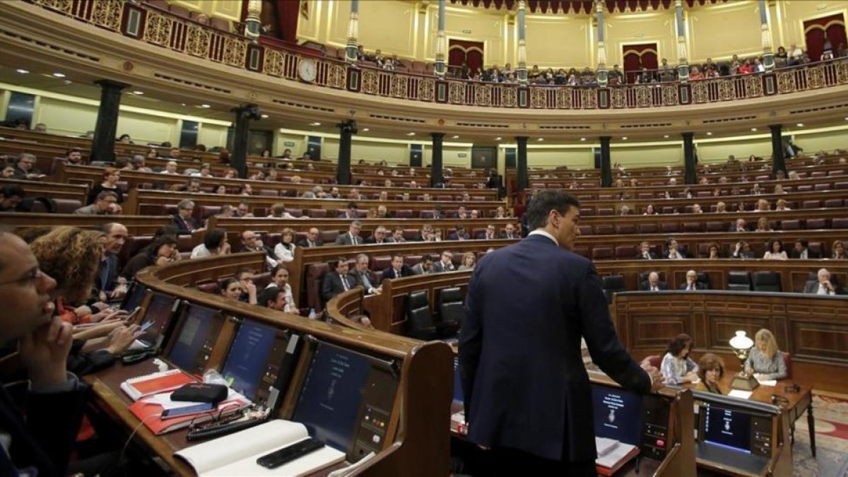 Pedro Sánchez, de espaldas, el pasado 2 de marzo en el Congreso.-JOSÉ LUIS ROCA