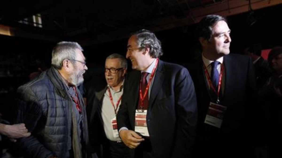 Méndez, Fernández Toxo, Rosell y Garamendi, ayer en Madrid.-DAVID CASTRO