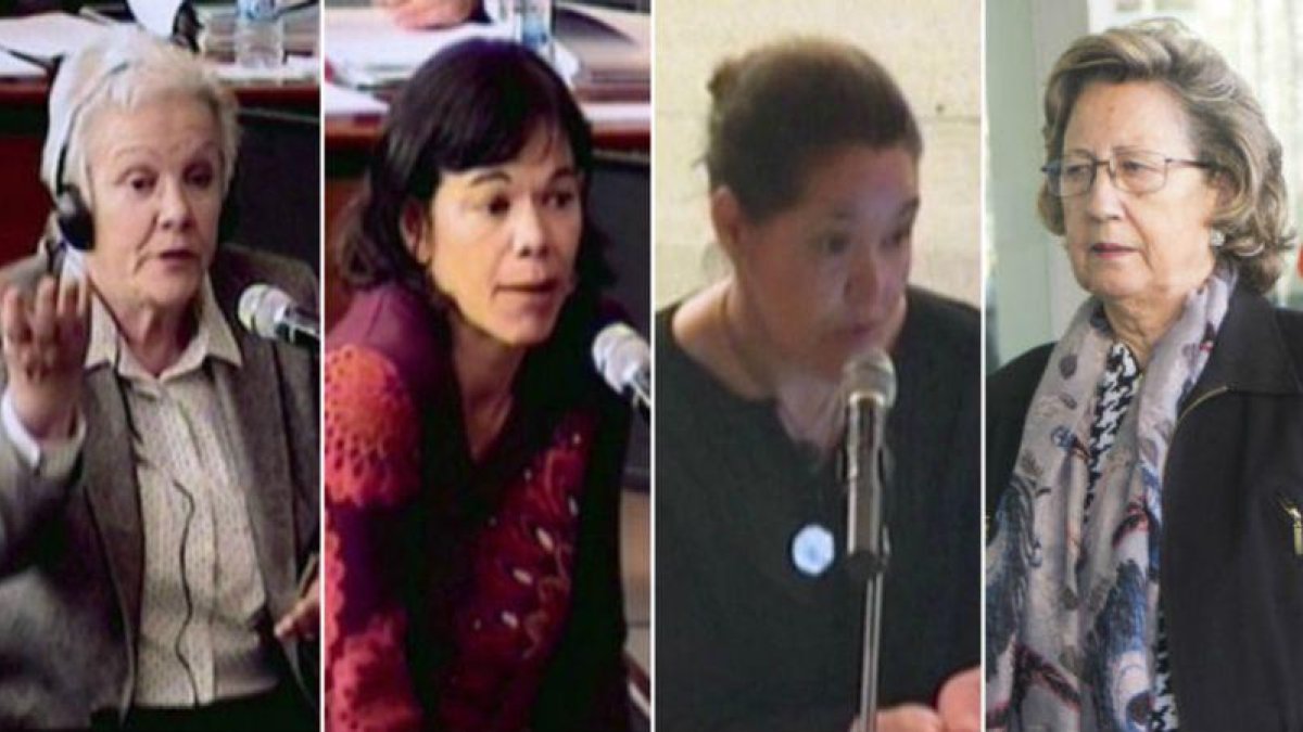 De izquierda a derecha, Mercedes Vallès, esposa de Fèlix Millet; Clara y Laila Millet, hijas del expresidente del Palau, y Mercedes Mir, esposa de Jordi Montull, este lunes, en la Ciutat de la Justícia.-