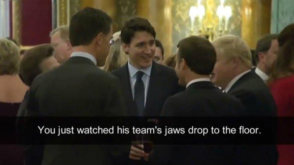 Captura del vídeo en el que Trudeau, Johnson, Macron, Rutte y la princesa Ana conversan en la recepción en Buckingham.-