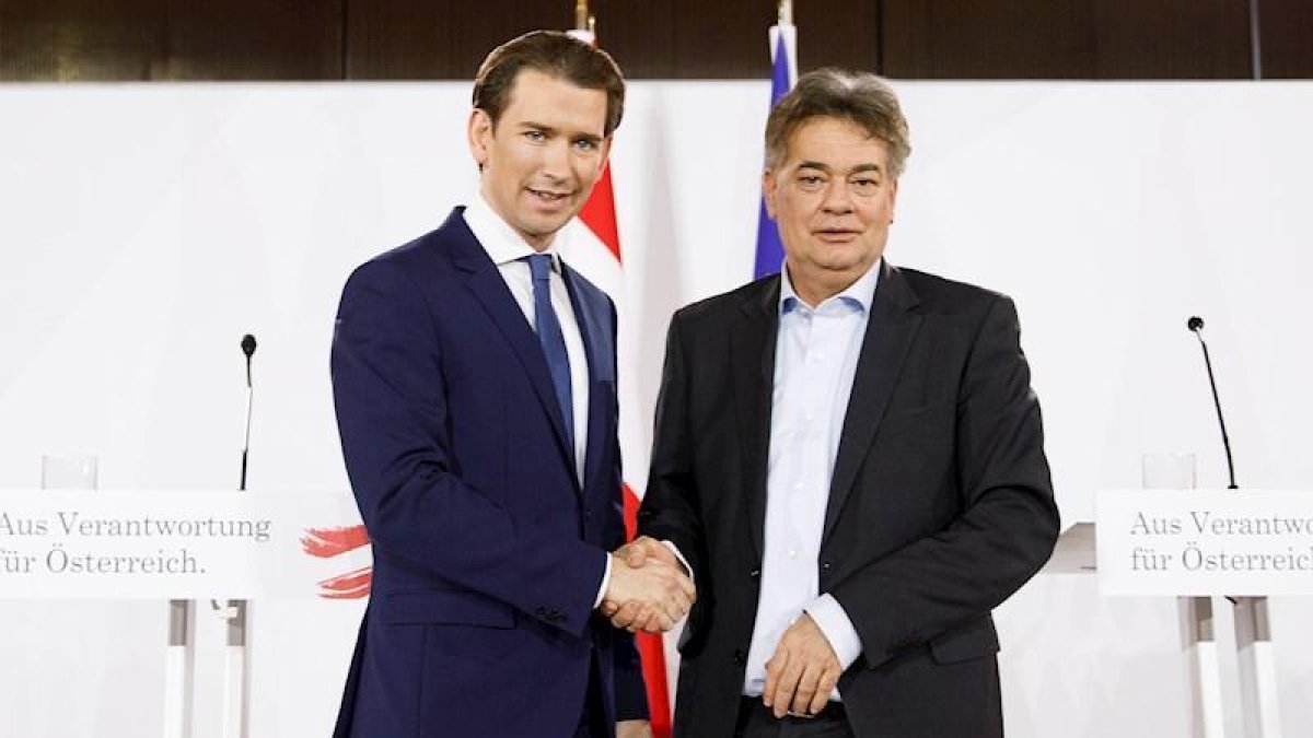 Sebastian Kurz (i), líder de los conservadores del ÖVP, y el jefe de los verdes austriacos, Werner Kogler (d).-EFE