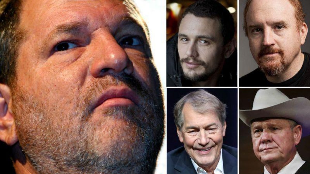 Harvey Weinstein, a la izquierda, el depredador de Hollywood, junto a otros negacionistas del #MeToo: James Franco, Louis C.K., Charlie Rose y Roy Moore.-EL PERIÓDICO
