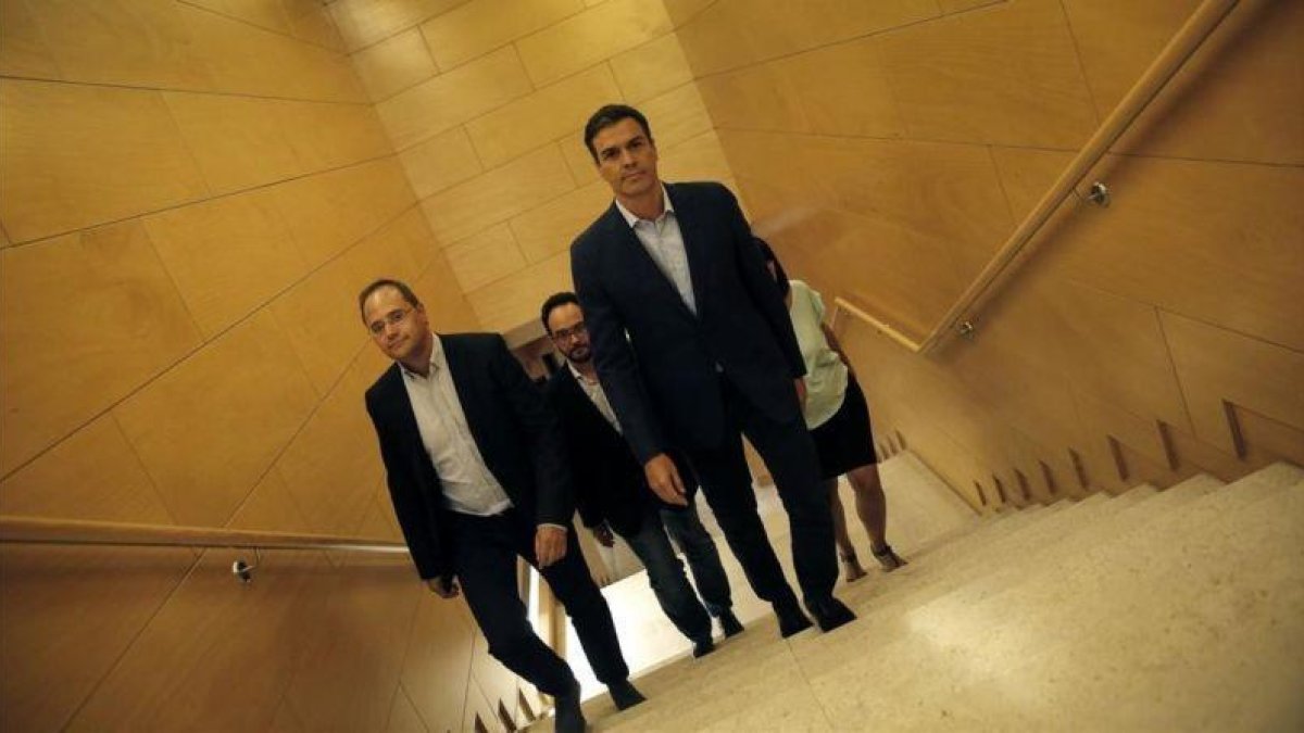Pedro Sánchez sale de su reunión con la comisión permanente del PSOE, en el Congreso.-JOSE LUIS ROCA