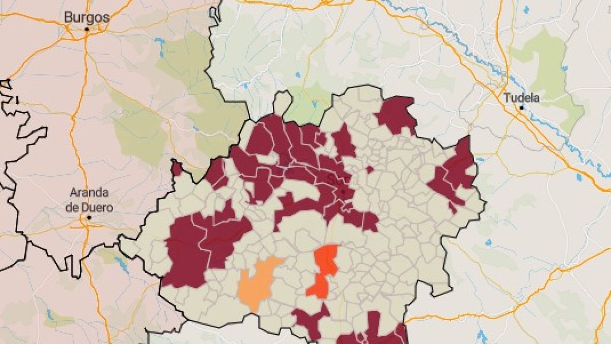 Mapa de la incidencia en la provincia con las zonas de riesgo muy alto en granate. HDS