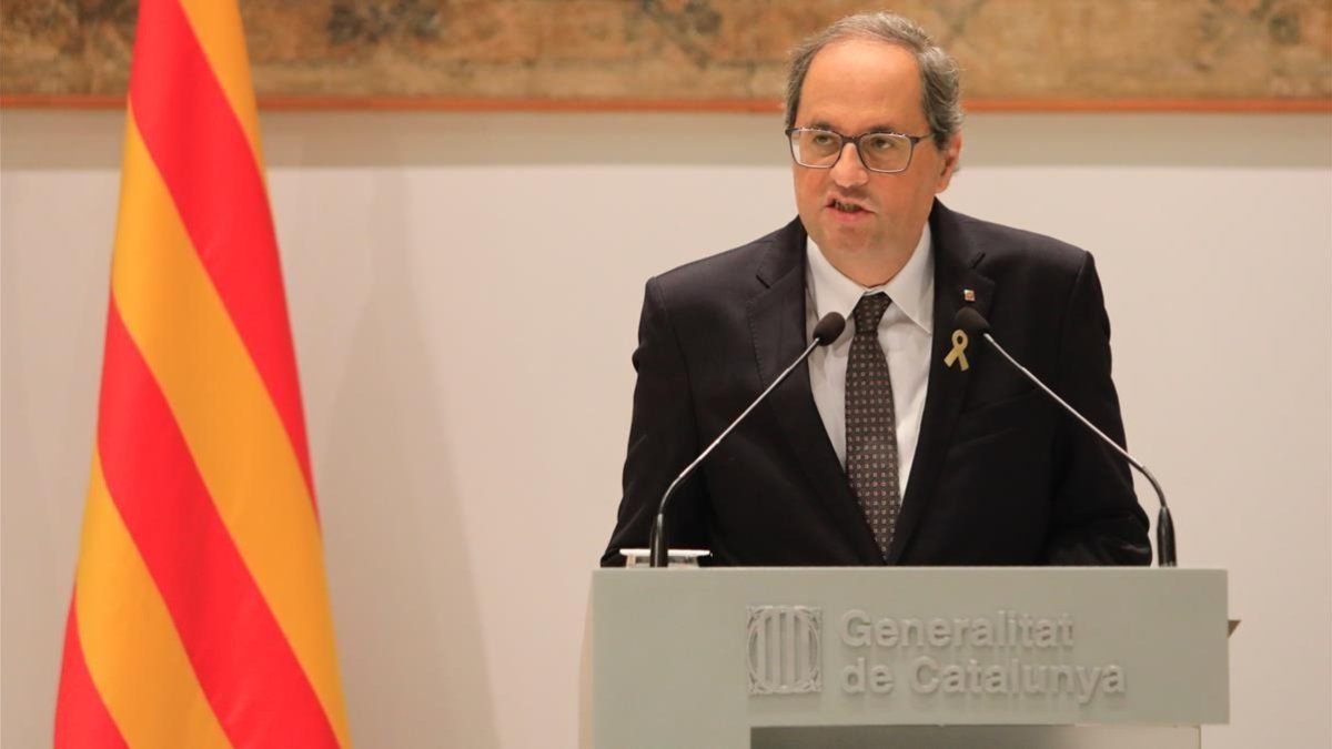 El president de la Generalitat, Quim Torra, durante su comparecencia esta mañana.-FERRAN NADEU