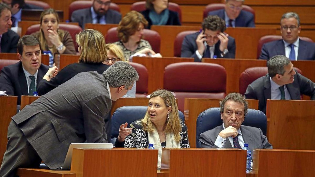 El socialista Javier Izquierdo conversa con la consejera Pilar del Olmo en presencia de José Antonio de Santiago-Juárez.-ICAL