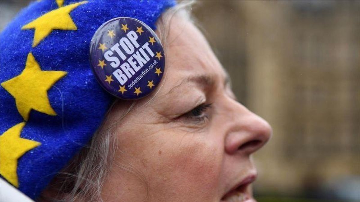 Una manifestante en contra del brexit protesta ante el Parlamento en Londres este miércoles.-EFE / ANDY RAIN