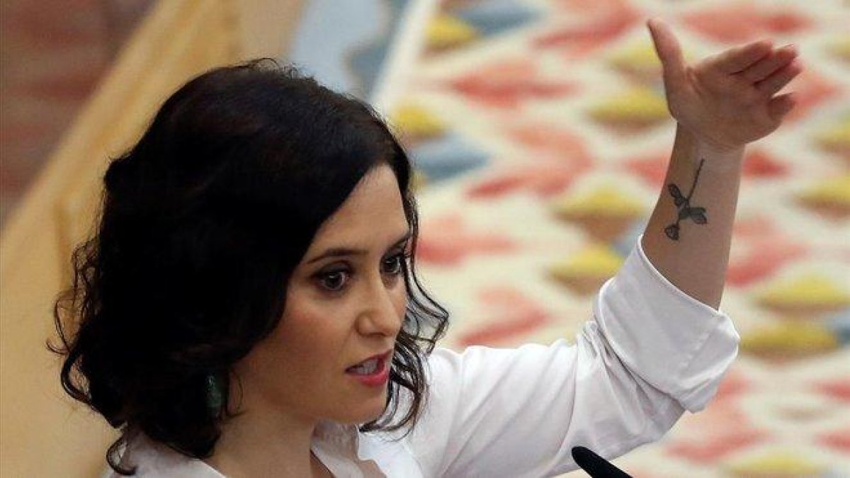 La candidata del PP a la Comunidad, Isabel Diaz Ayuso, en su réplica a Podemos.-EFE