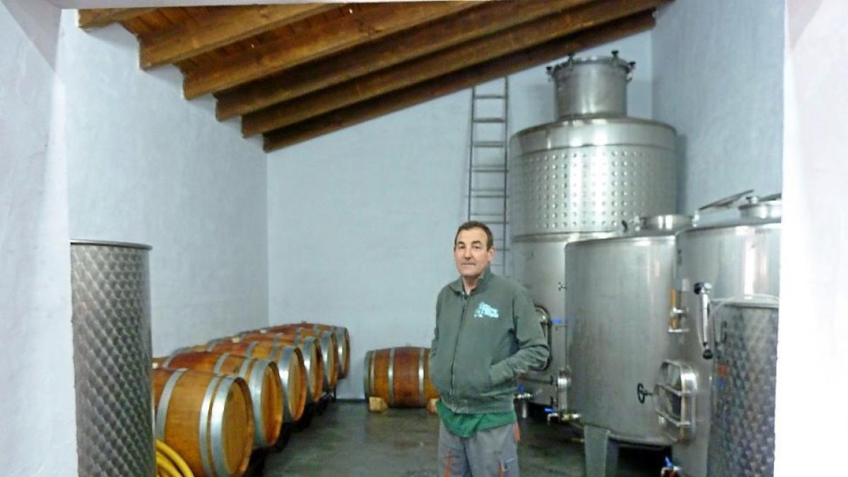 Santos Gómez en el interior de la bodega, junto a unos depósitos de acero inoxidable y unas barricas de roble. Abajo, podando una viña.-TST