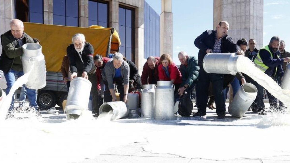 Una veintena de ganaderos de la provincia de León derraman leche ante la Delegación Territorial de la Junta en la capital leonesa para reclamar la recogida del producto en sus explotaciones y el pago de un precio digno por la producción-ICAL