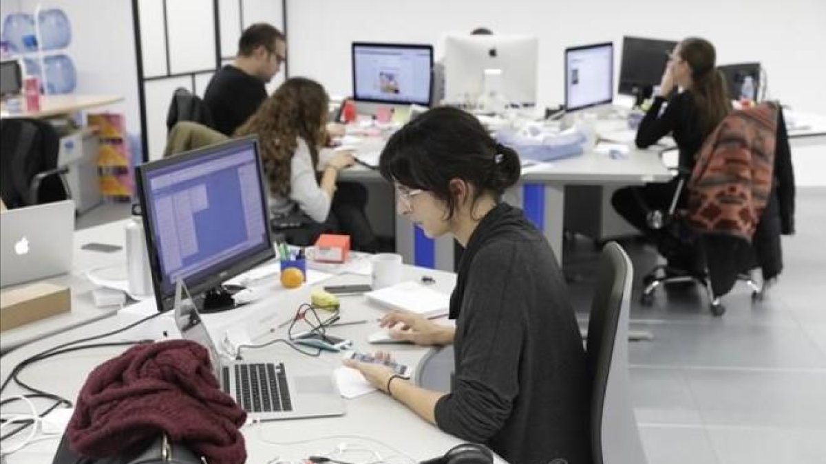 Trabajadores en una oficina frente al ordenador.-FERRAN NADEU
