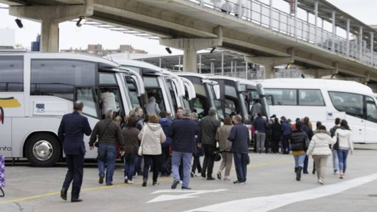 Los pasajeros del 'Costa Fascinosa' se dirigen a los autocares tras desembarcar este viernes en Palma.-Foto: EFE / MONTSERRAT T. DIEZ