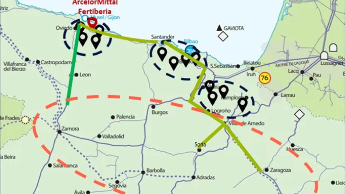 Mapa del proyecto HyDeal con el ramal directo a la provincia de Soria. HYDEAL