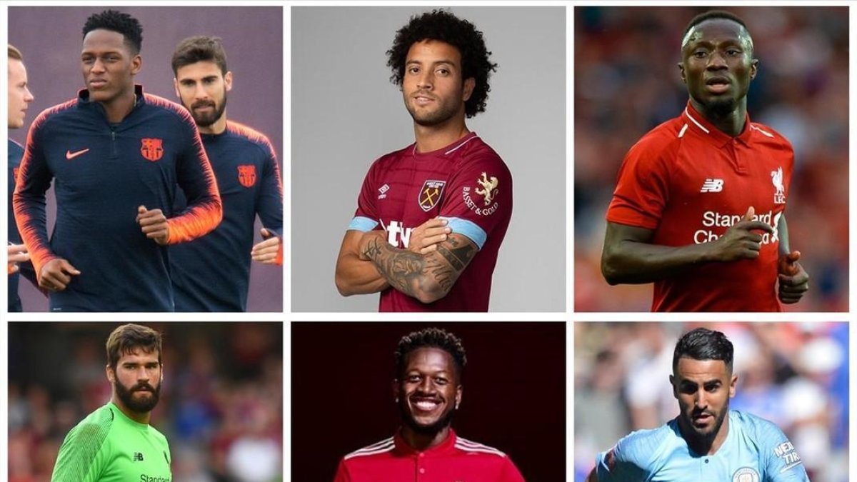 De arriba abajo y de izquierda a derecha, Yerry Mina, Felipe Anderson, Naby Keita, Alisson, Fred y Mahrez.-