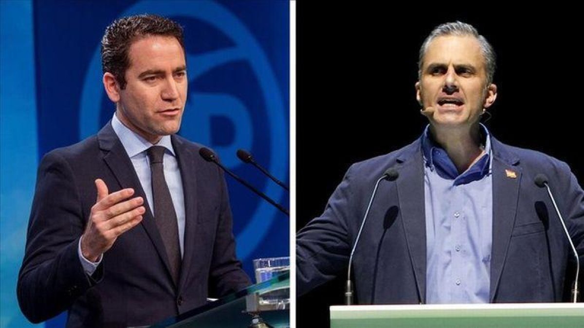 Los secretarios generales del PP, Teodoro García Egea, y de Vox, Javier Ortega Smith, se reúnen esta tarde en Madrid para abordar la investidura de Juan Manuel Moreno.-VIDEO: ATLAS