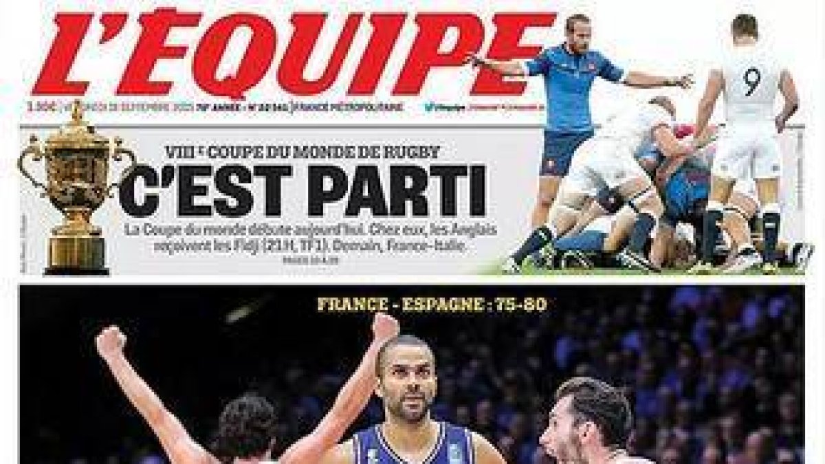 La primera portada de 'L'Équipe' en pequeño formato, dedicada a la victoria de España sobre Francia en el Eurobásquet.-