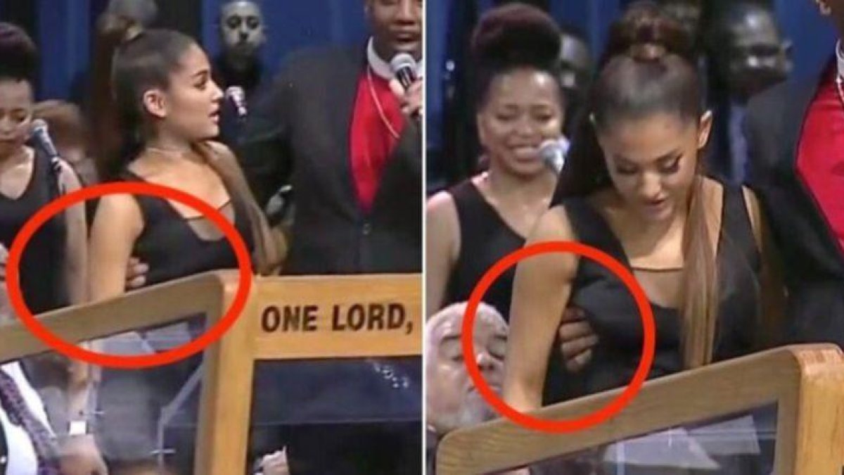 Imágenes en que se ve como el sacerdote toca el pecho a Ariana Grande en el funeral de Aretha Franklin.-EL PERIÓDICO