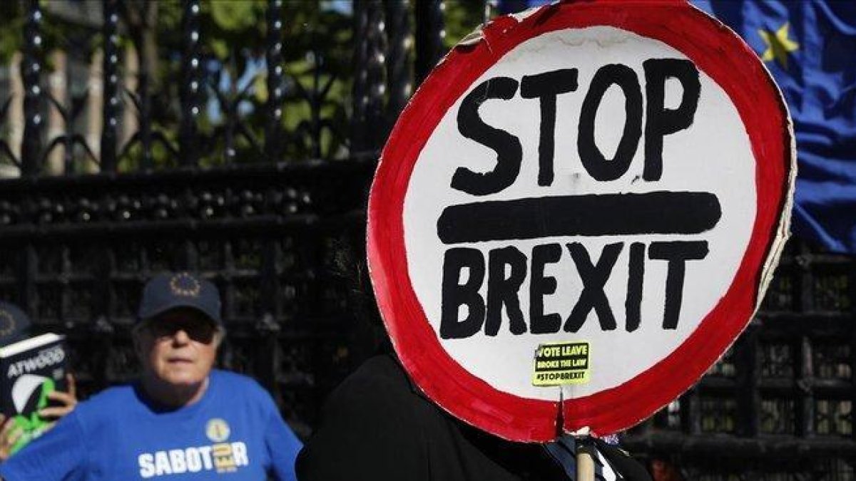 Protesta contra el ’brexit’ ante Westminster, ayer.-AP / ALASTAIR GRANT