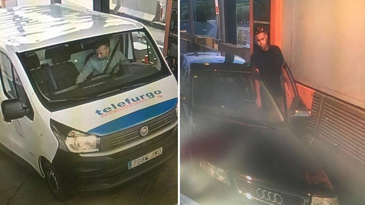 Dos yihadistas con la furgoneta y el Audi usados en los atentados de BCN y Cambrils, captados justo una semana antes en el peaje de Cambrils.-COLPISA