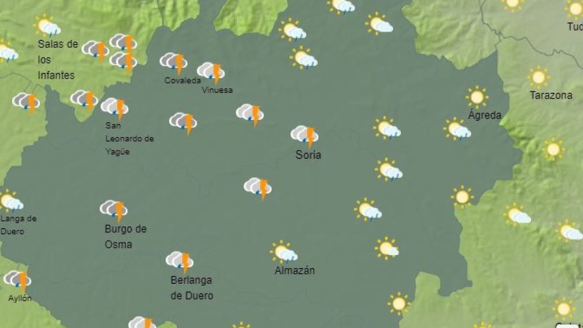 Mapa de la Aemet con la previsión de tormenta entre las 13 y las 15 horas.-HDS
