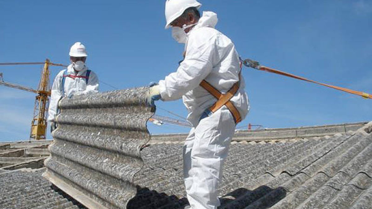 Especialistas en un tejado que tiene amianto.-
