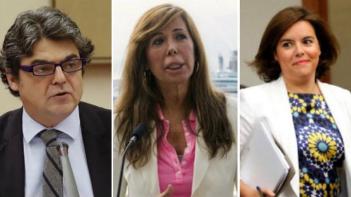 Jorge Moragas, Alicia Sánchez-Camacho y Soraya Sáenz de Santamaría, tres de los dirigentes del PP que JxSí quiere que comparezcan en la comisión de investigación sobre la 'operación Cataluña'.-
