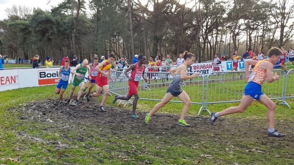 Dani Mateo, de rojo y amarillo, ayer en Tilburg, en plena participación en su séptimo Europeo de cross.-RFEA