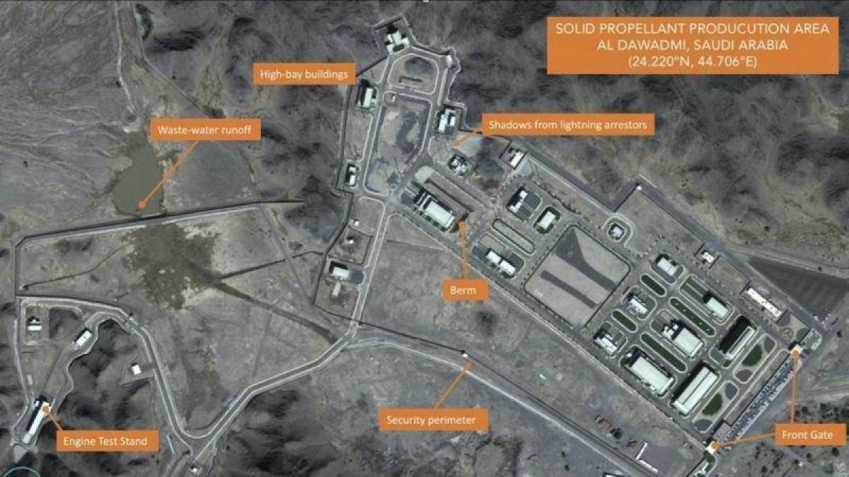 magen de satélite de Planet Labs Inc. que ha sido analizada por expertos del Instituto de Estudios Internacionales de Middlebury, en las que aprecian una posible fábrica de misiles en la base de Al Watah, en Arabia Saudí-AP