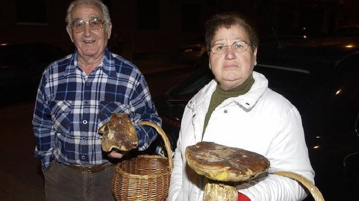Dos recolectores portan dos grandes ejemplares de boletus maduros en una imagen de archivo. / REPORTAJE GRÁFICO: VALENTÍN GUISANDE-