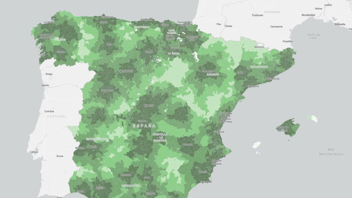 Mapa del tiempo medio requerido para acceder a un servicio de Radioterapia, con las zonas más claras como las más distantes. HDS