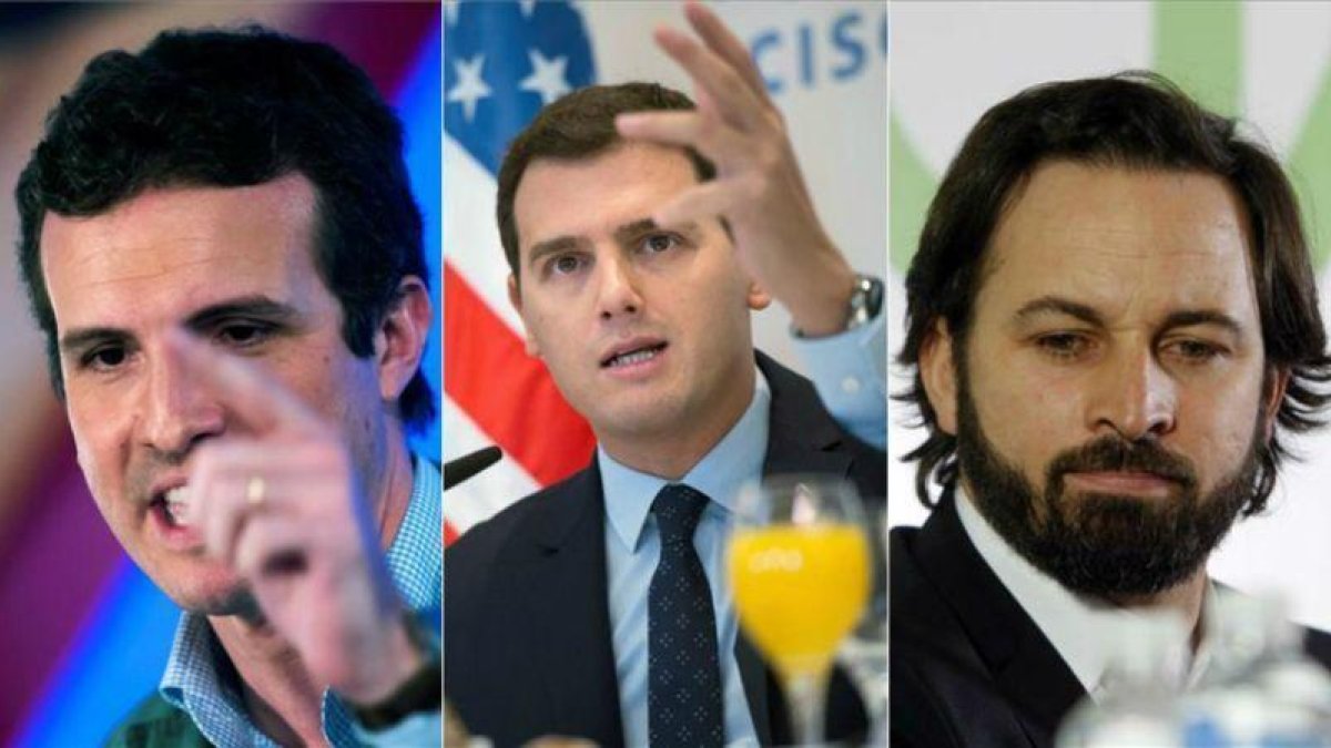 Pablo Casado (PP), Albert Rivera (Ciudadanos) y Santiago Abascal (Vox)-EL PERIÓDICO
