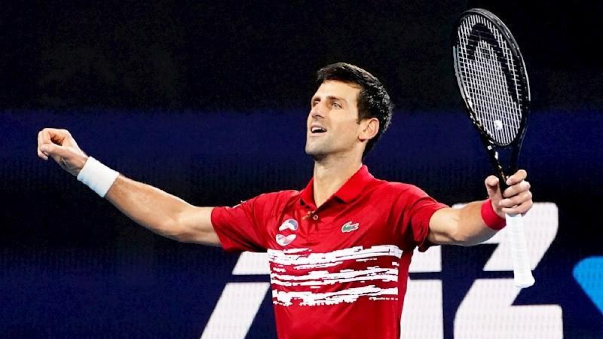 Djokovic celebra la victoria ante Nadal en la ATP Cup, este domingo.-EFE