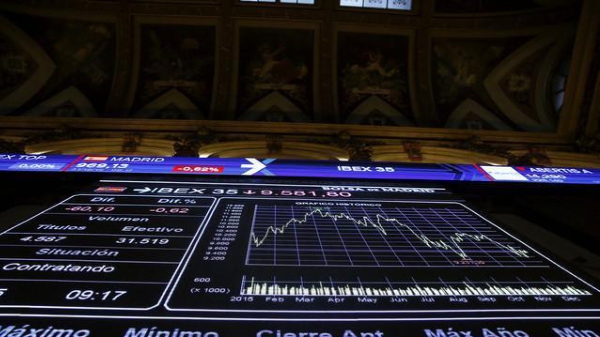 Panel informativo que muestra la evolución del principal indicador de la bolsa española, el Ibex 35.-PABLO ALLENDESALAZAR / MADRID