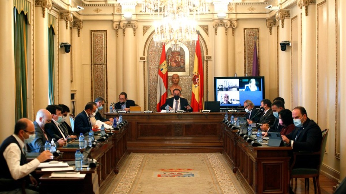 Sesión plenaria de ayer en la que María José Jiménez y Gustavo Marín asistieron de forma telemática.- MARIO TEJEDOR