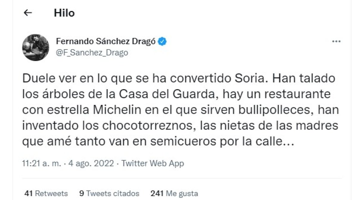 Primero de los tres tweets del hilo de Sánchez Dragó sobre Soria. HDS