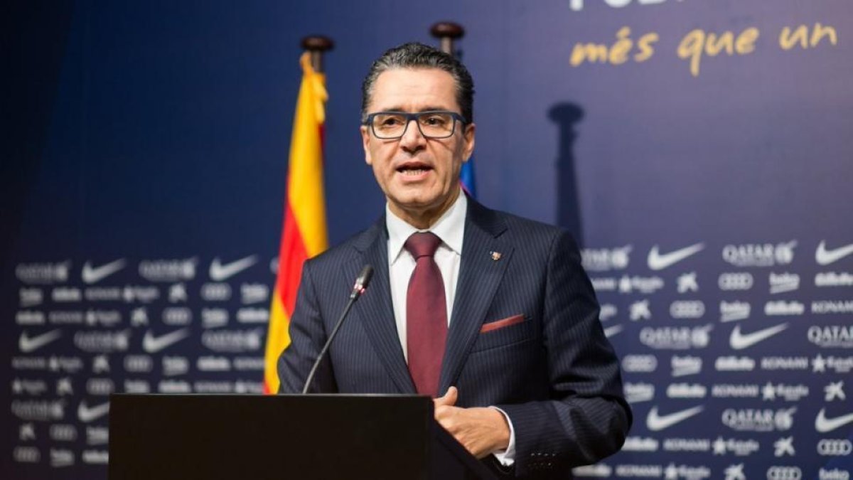 Josep Vives, portavoz del Barça, en una comparecencia en la sala de prensa.-EL PERIÓDICO