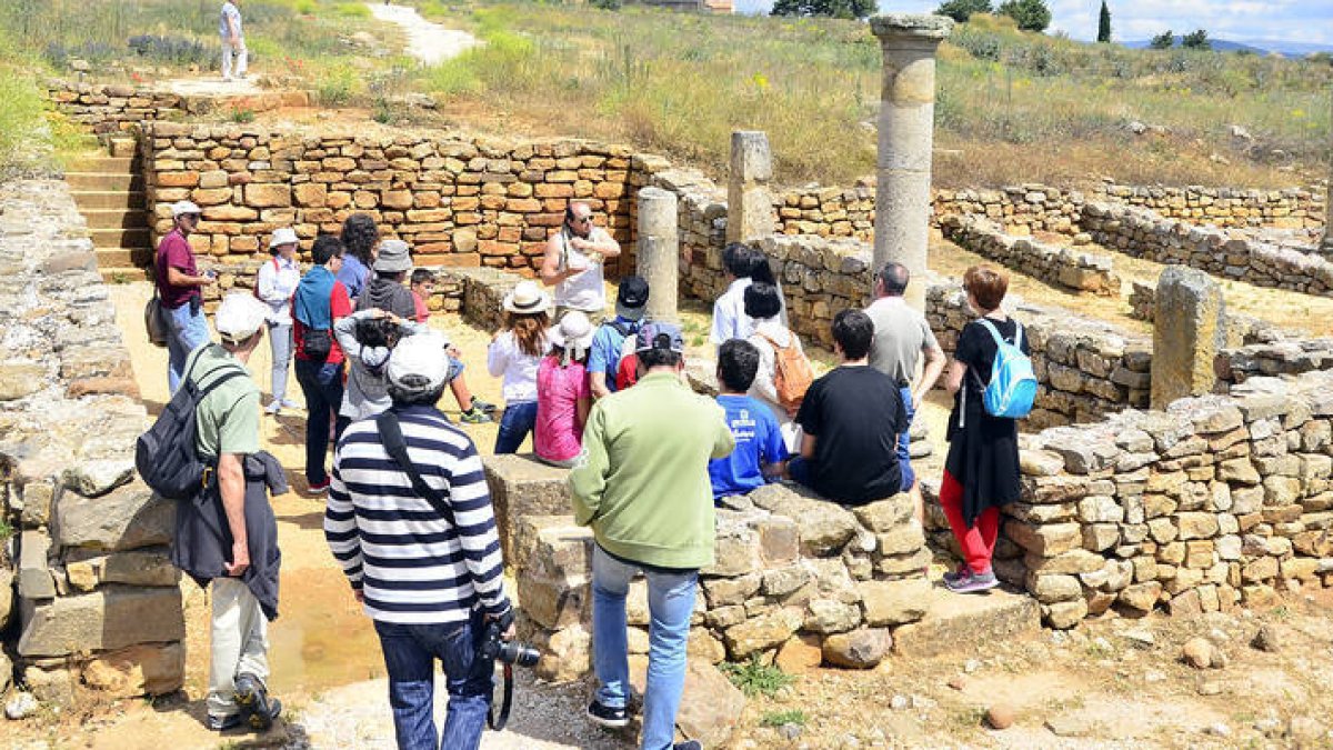 Visitantes al yacimiento de Numancia atendiendo las explicaciones de un informador turístico de la asociación, hace unos días en Garray. / ÁLVARO MARTÍNEZ-