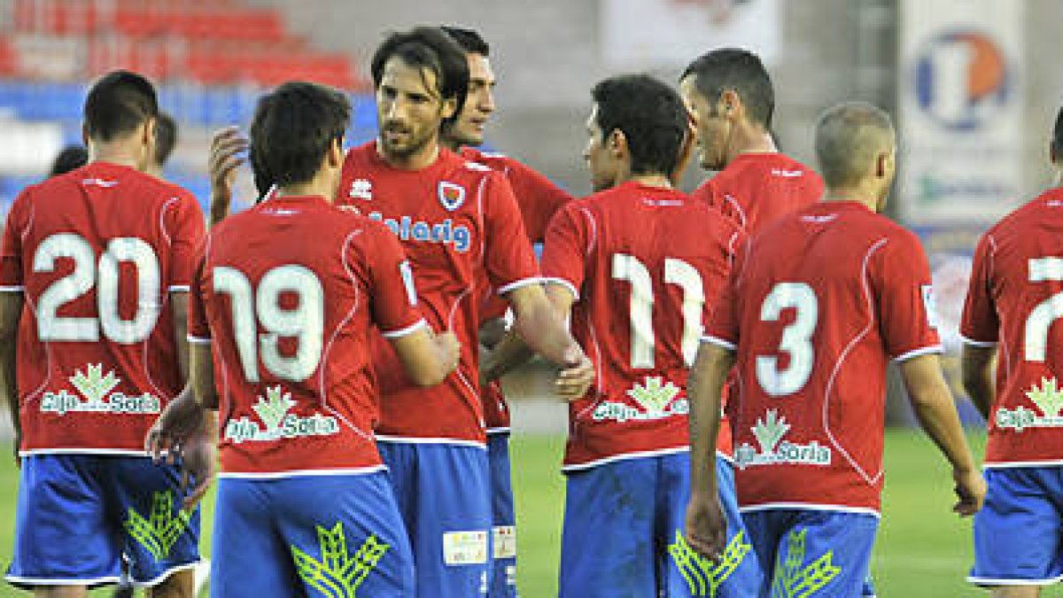 Los jugadores del Numancia celebran uno de los dos goles de ayer. / V. Guisande-