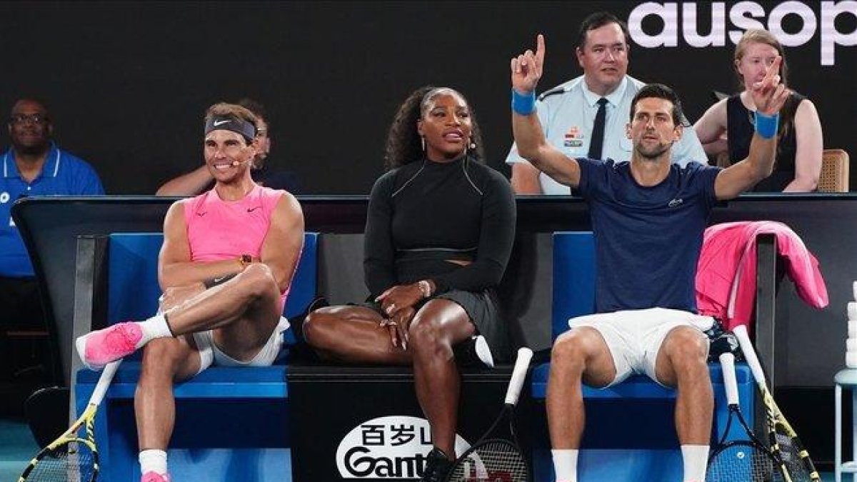 Nadal, Williams y Djokovic, durante el Rally For Relief en Melbourne.-
